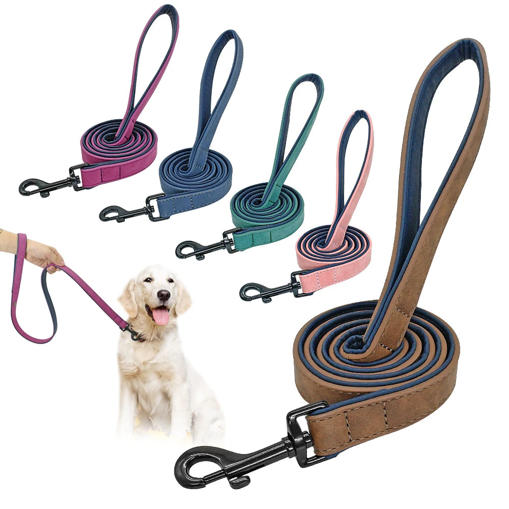 Leather Dog Leash 4 ft Dog Leash 2 Layer Pet Dog Leash Leads with Padded Handle for Medium Large Dogs Walking Training