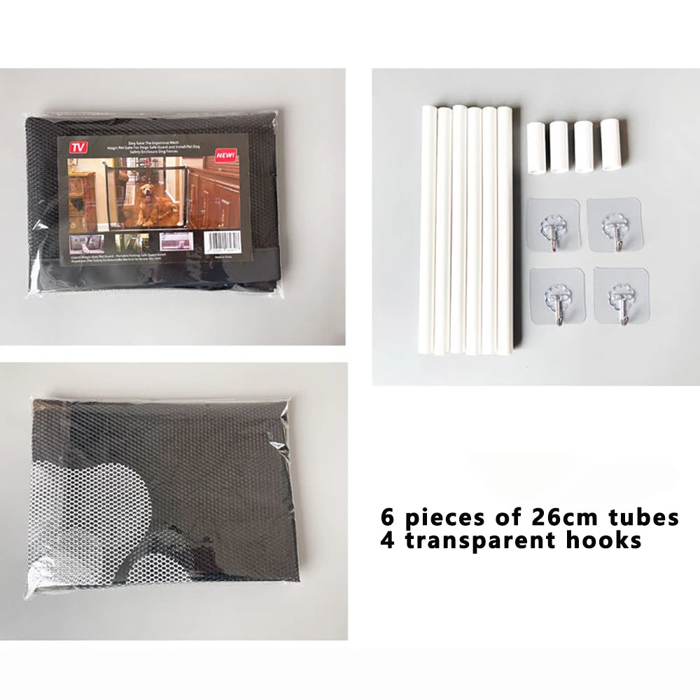 Dog Gate for Stairs - Pet House Screen Door with 4 Hooks, Indoor Safety Fence Barrier, Stairway Pet Gate for Dogs Cats