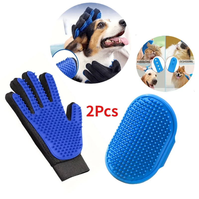 2Pcs Pet Grooming Kit – De-Shedding Brush & Bath Cleaning Glove for Dogs, Cats, and Rabbits