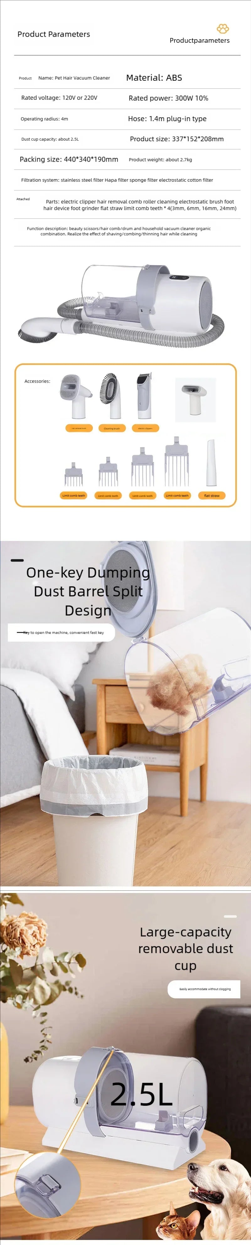 Pet Grooming Kit with 4 Clip Combs, 2.5L Vacuum, and 5 Shedding Tools for Dogs